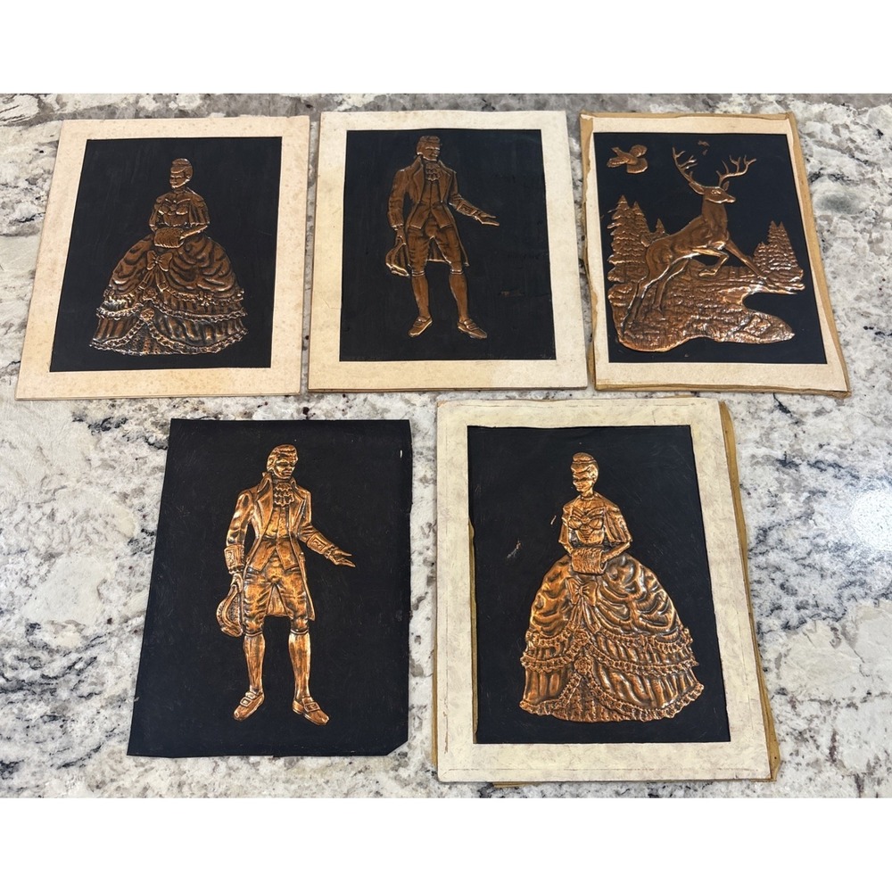 5 VINTAGE Embossed Hammered Copper Victorian‎ Lady And Gentlemen Deer Unframed